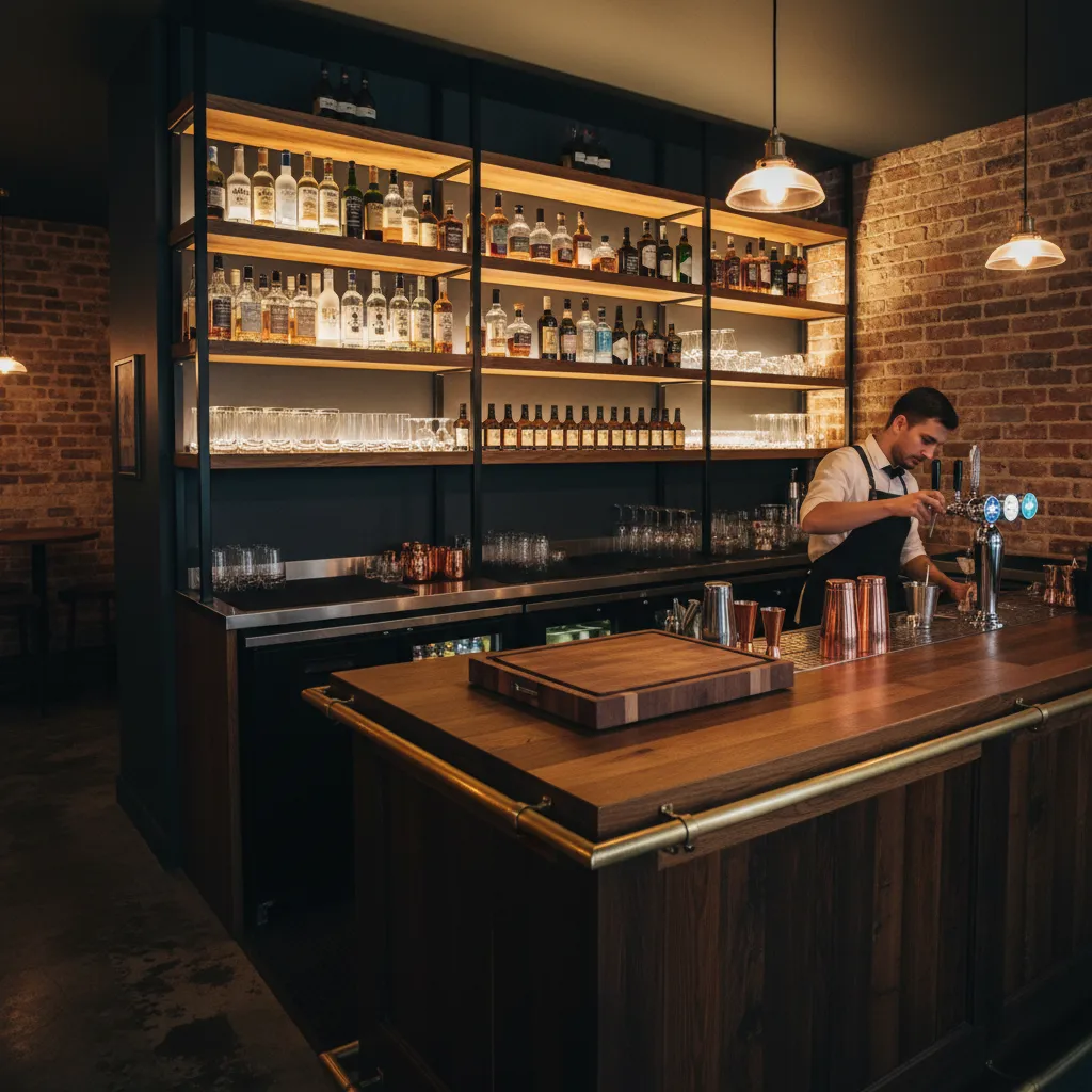 Man working behind wooden bar counter with glass bottles on shelves and exposed brick wall
