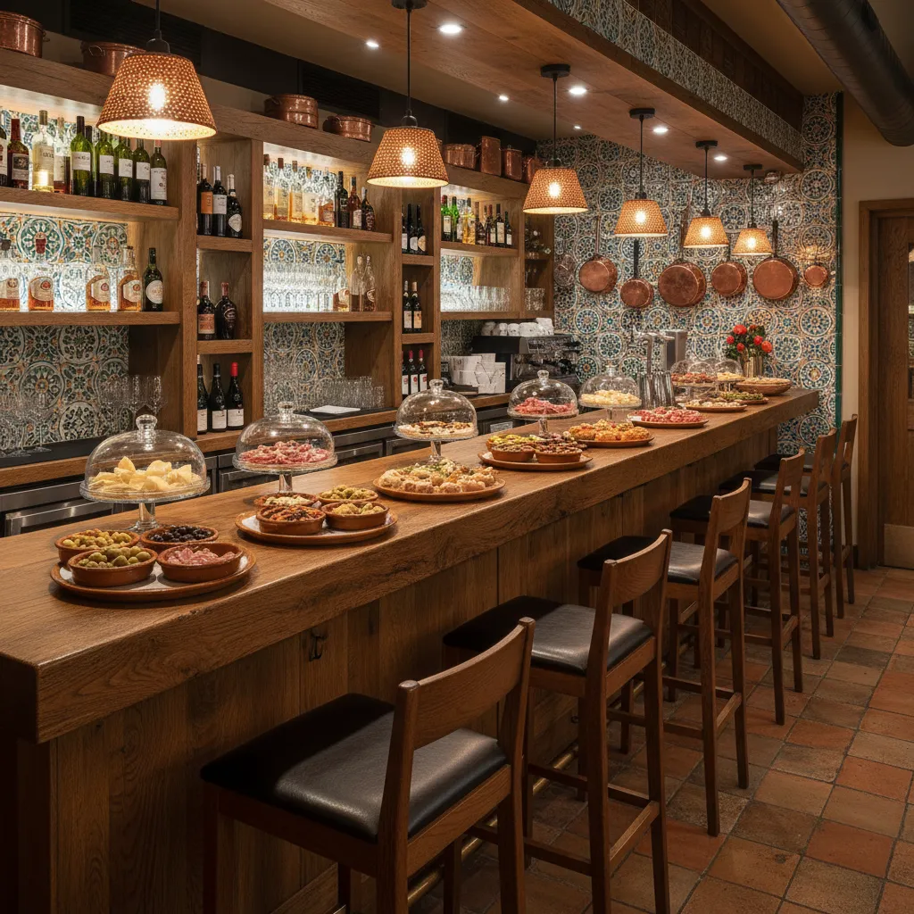 Barra larga de bar de tapas con exposición de platos y taburetes