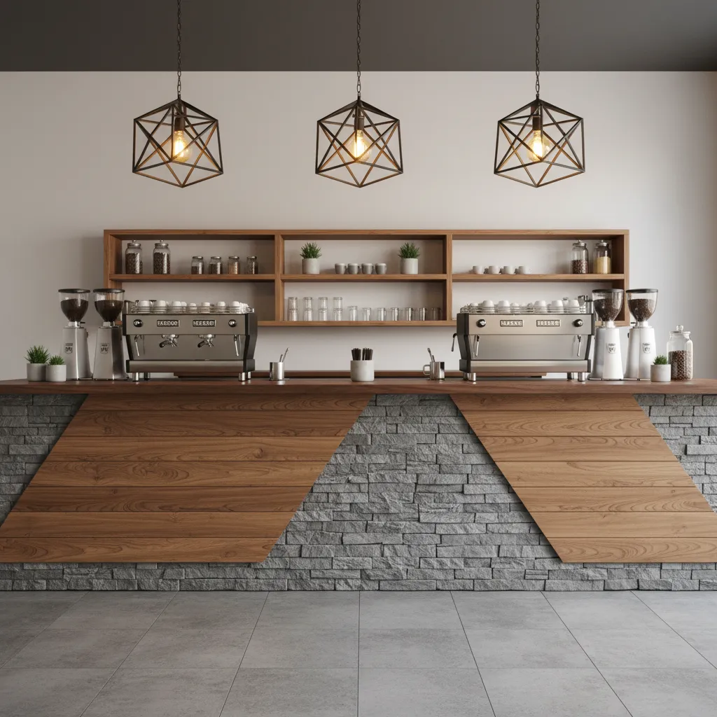 Barra de café moderna con iluminación colgante y materiales naturales