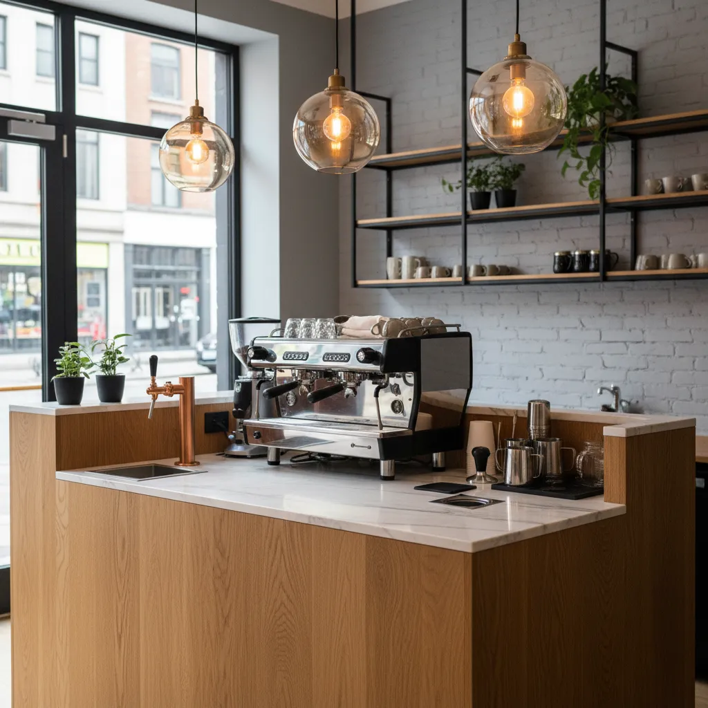 barra compacta de cafetería con máquina de espresso