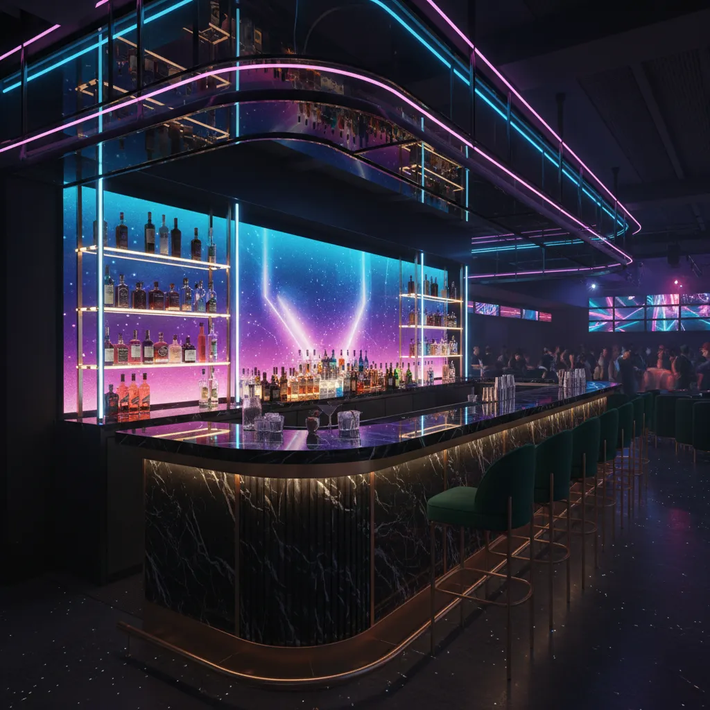 Barra iluminada dentro de una discoteca moderna
