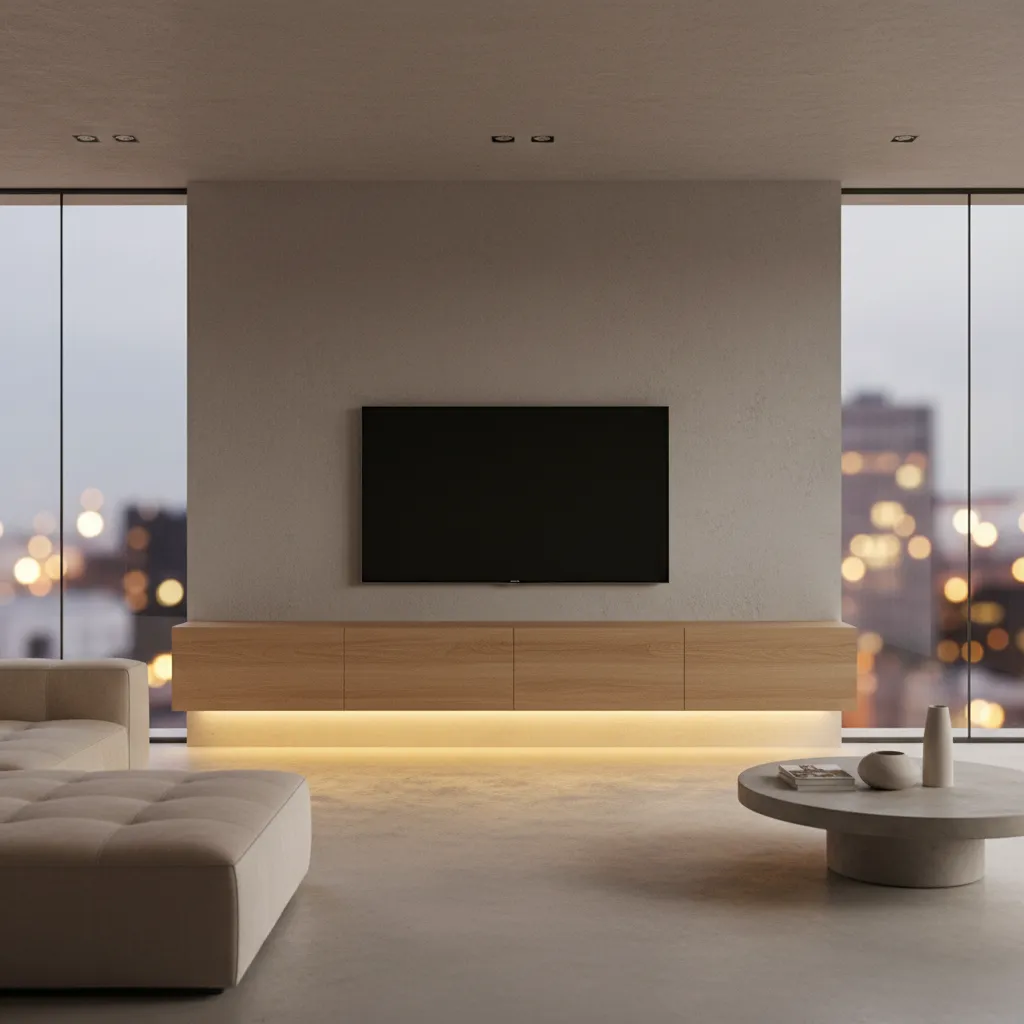 Minimalist living room with wall mounted television floating wood cabinet light fixture sofa and table