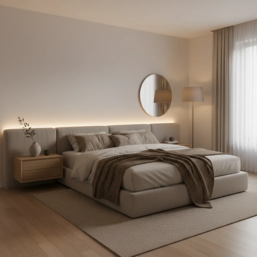 Modern bedroom with beige upholstered bed round wall mirror warm headboard lighting and floor lamp