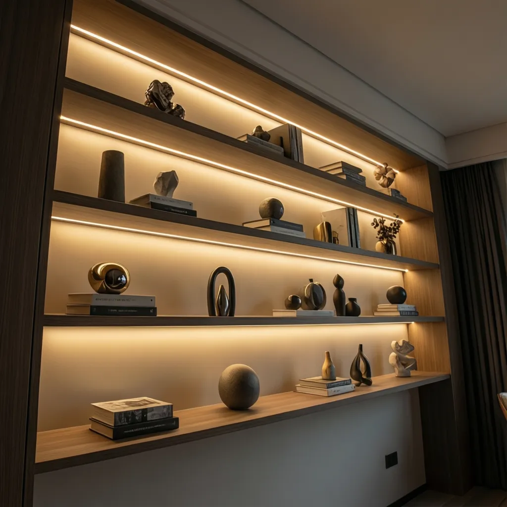 Built in wooden wall shelf with hidden light strips showing books and various decorative items