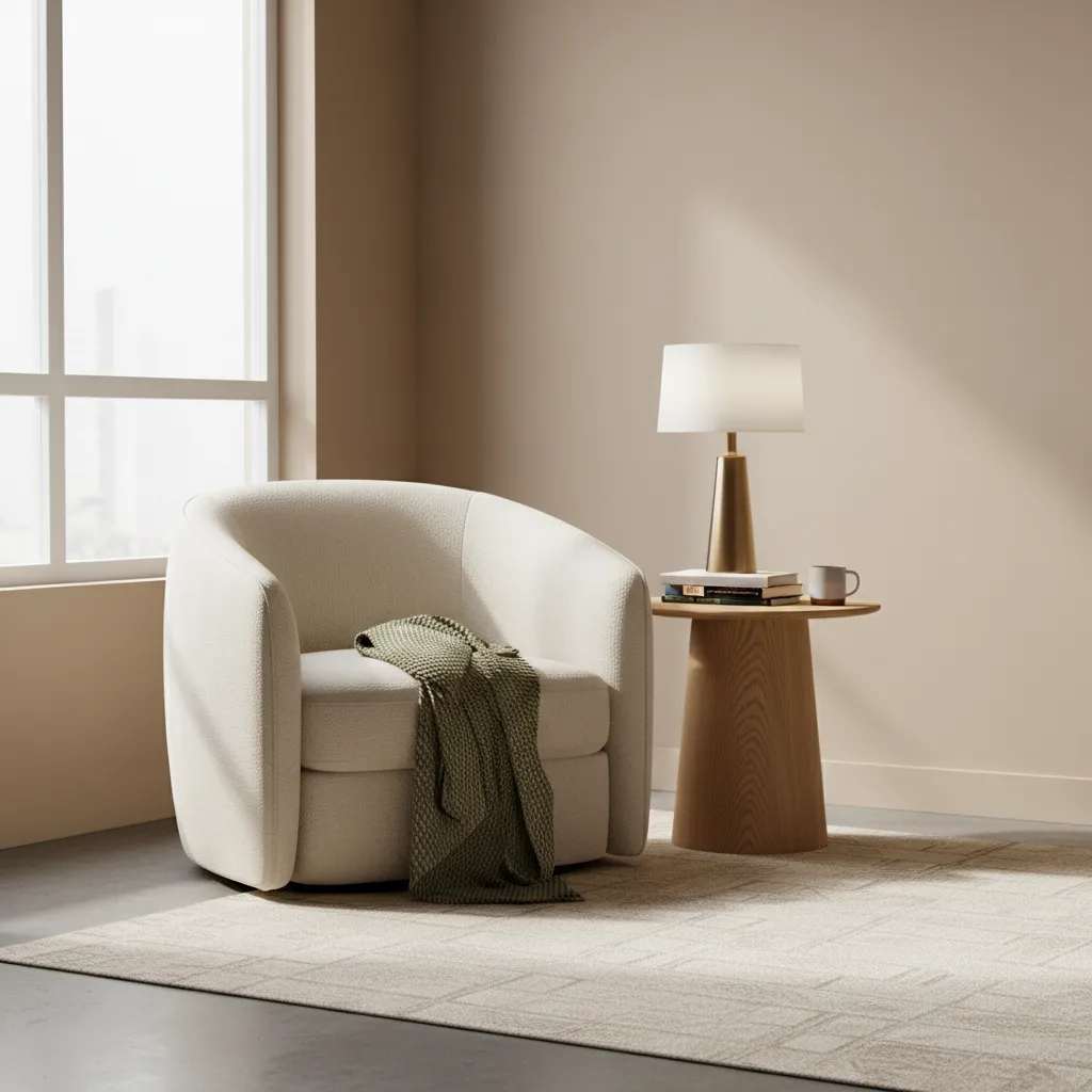 rounded barrel chair placed in corner of small living room