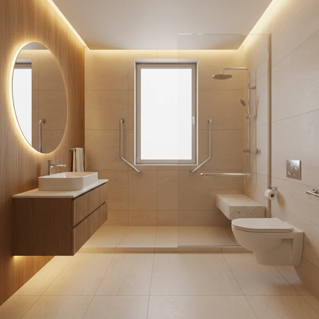 Barrier free senior friendly bathroom with walk in shower and safety rails