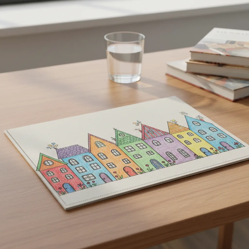 Carpeta con ilustración de varias casas formando una pequeña calle colorida