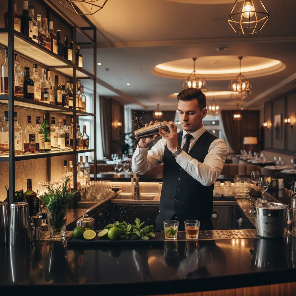 Bartender preparing citrus rum cocktail with fresh lime and herbs