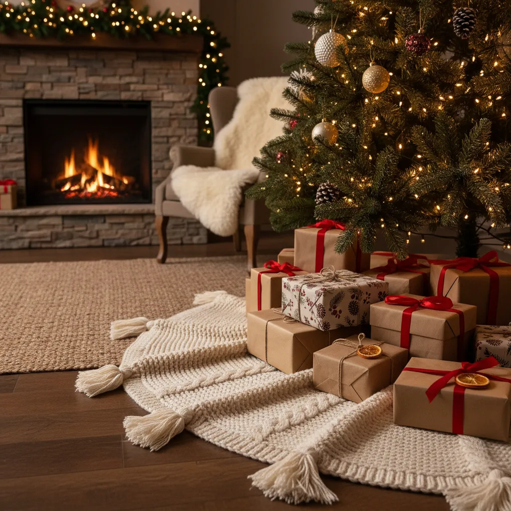 Base de árbol de Navidad cubierta con tela decorativa y regalos