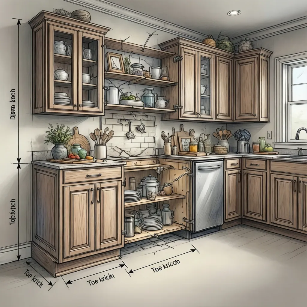 Illustration showing base cabinet depth height and toe kick measurements