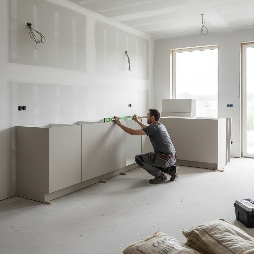 Worker using a green level tool to check the height of gray kitchen base cabinets indoor