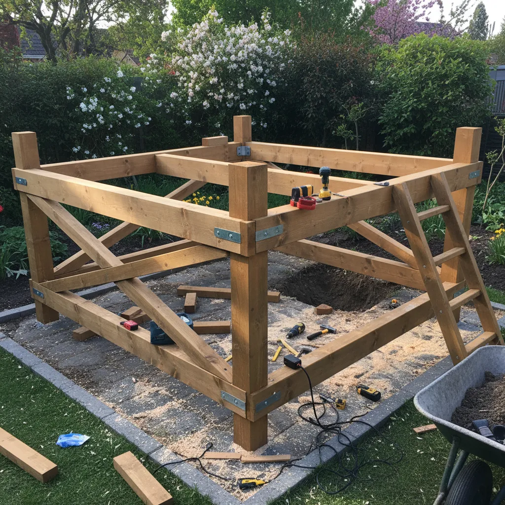 Base elevada de una casa de madera infantil para evitar humedad