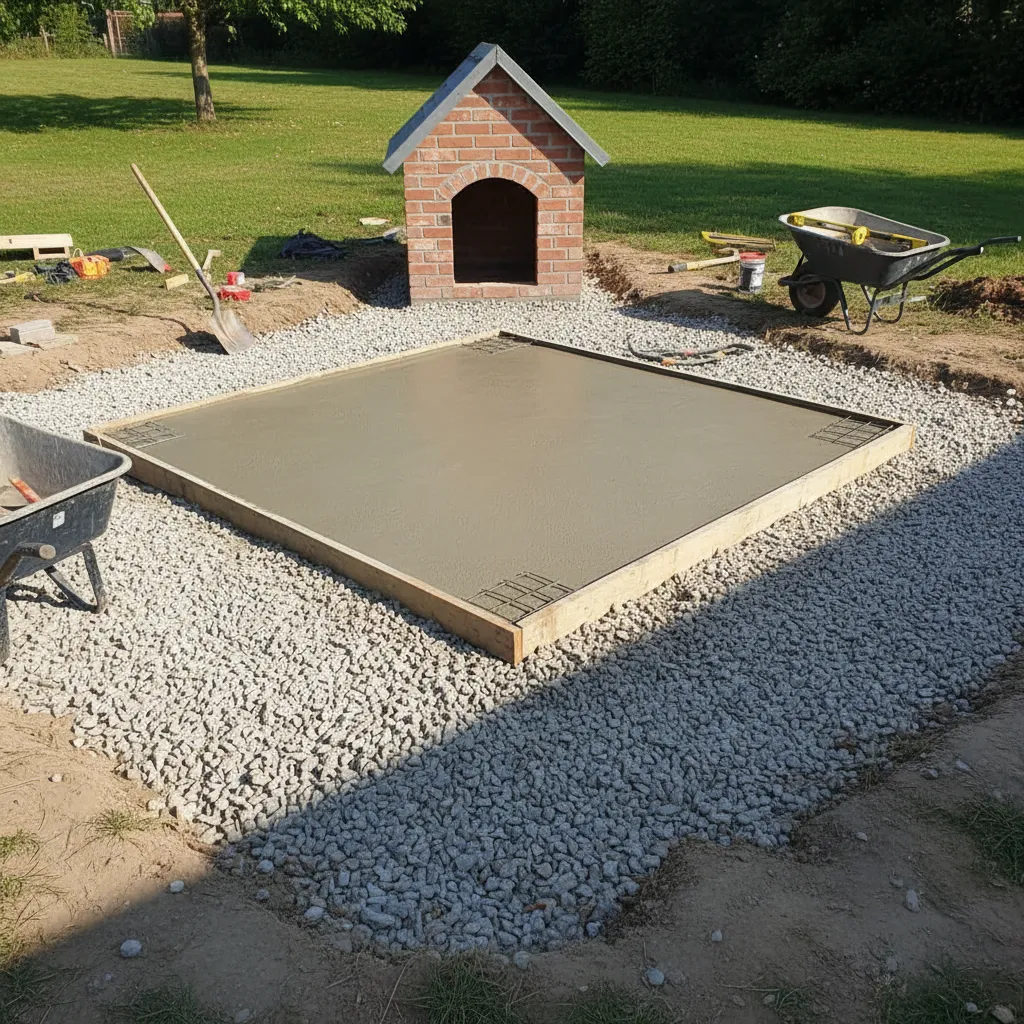 Base elevada para casa de perro de ladrillos con grava y hormigón