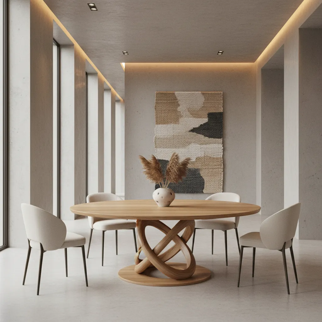 Round wooden dining table with twisted base and four white chairs in a neutral room