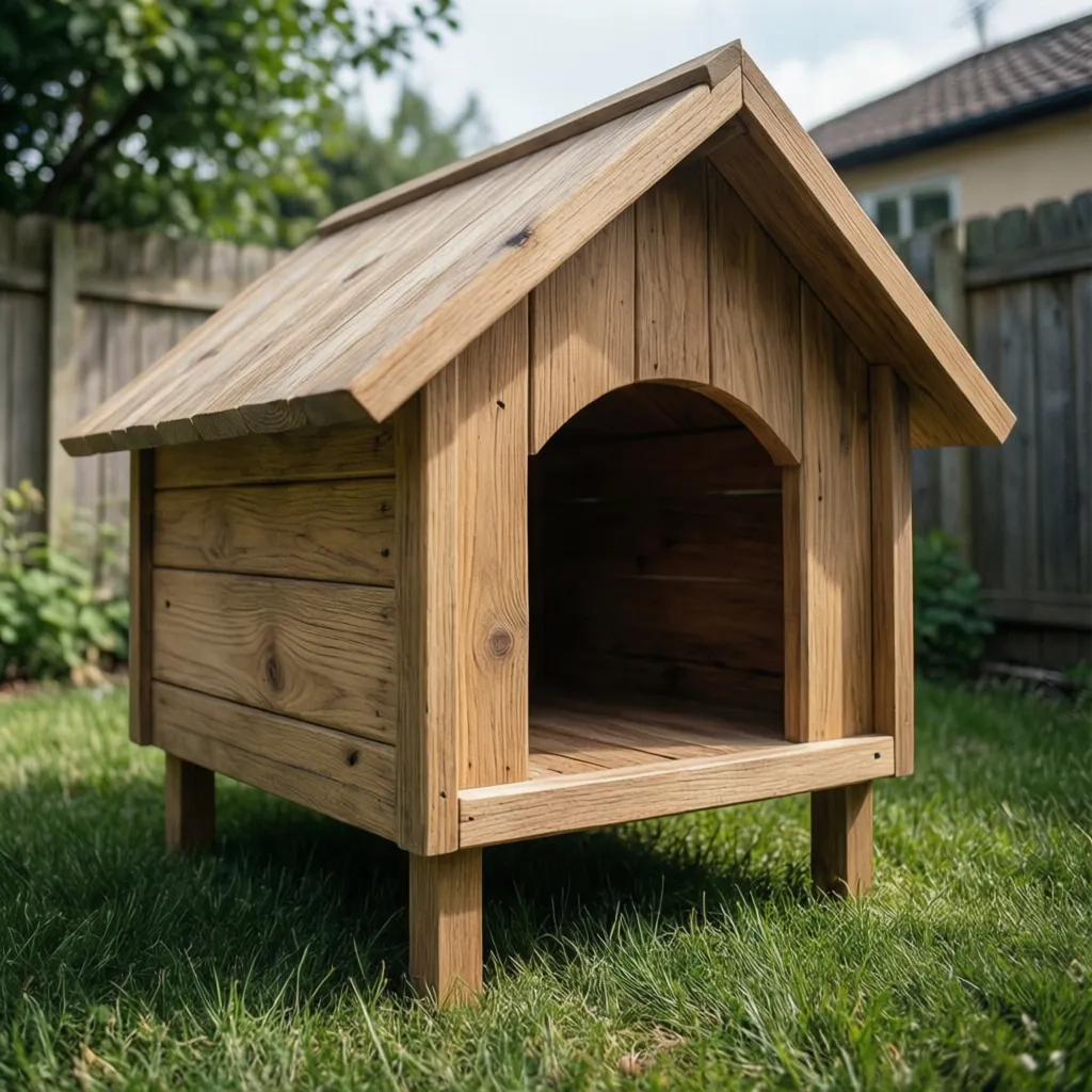 Wooden dog house with pointed roof and raised legs on green grass in sunny garden