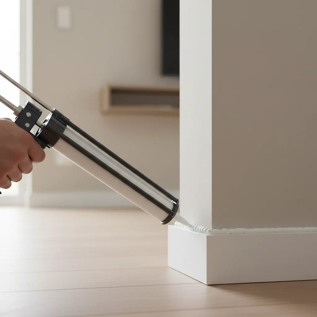 applying caulk along baseboard seam before painting