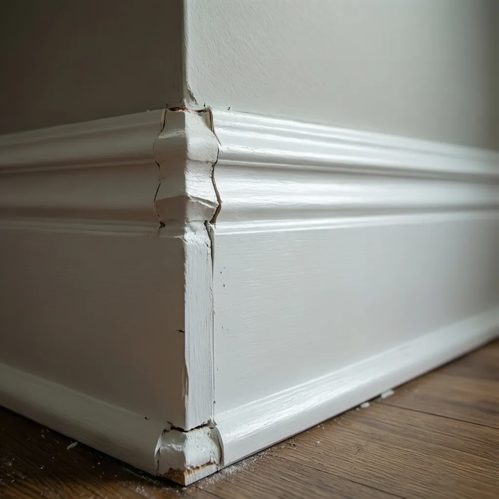 close-up of coping joint used for baseboard corner installation