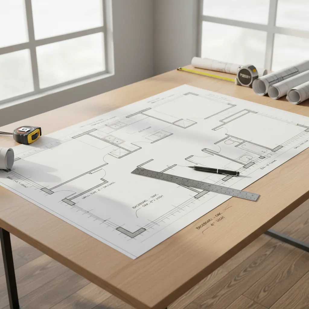 Floor plan diagram showing baseboard cut planning and trim segment mapping