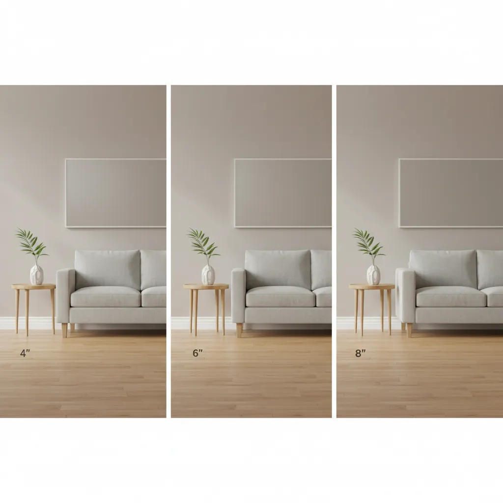 Comparison of different baseboard heights along a living room wall with hardwood flooring