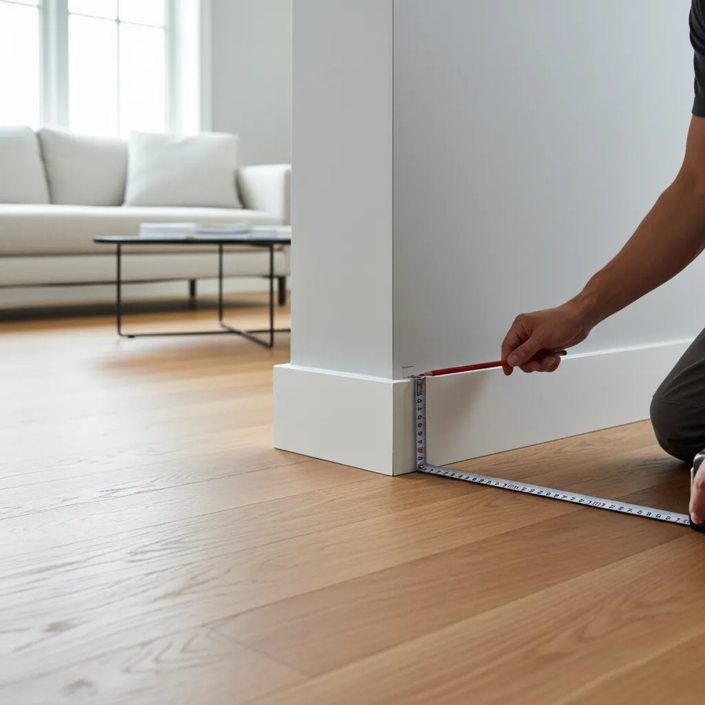 measuring baseboard height against wall and floor in living room renovation