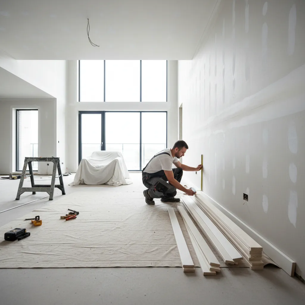 Contractor measuring wall length for baseboard trim installation in a modern living room