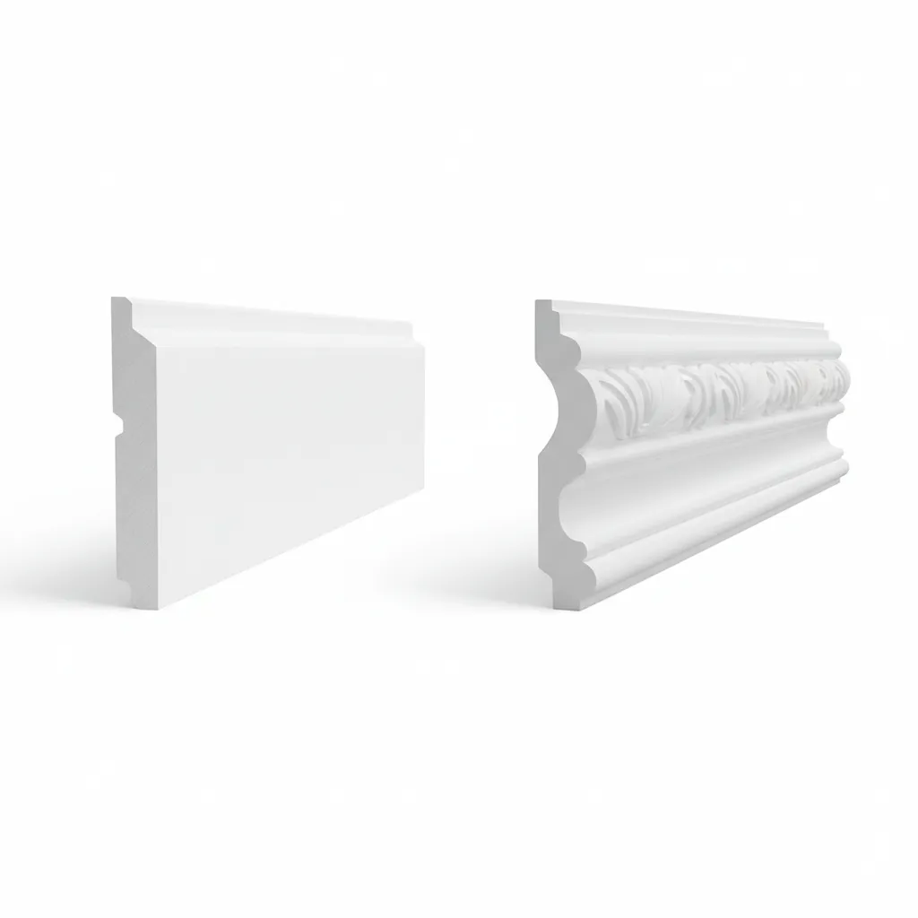 Comparison of modern flat baseboard profile and traditional decorative molding profile