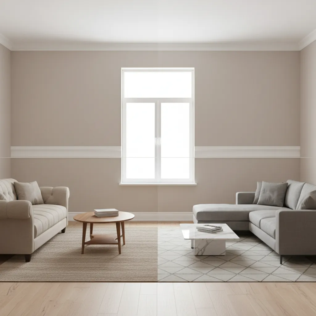Comparison of outdated thin baseboards and modern tall baseboards in renovation