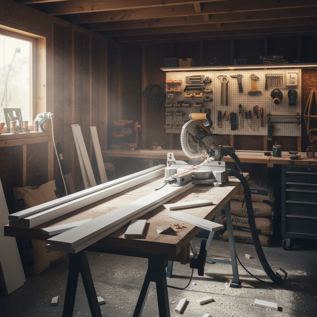 Carpenter cutting baseboard trim pieces with miter saw showing leftover offcuts