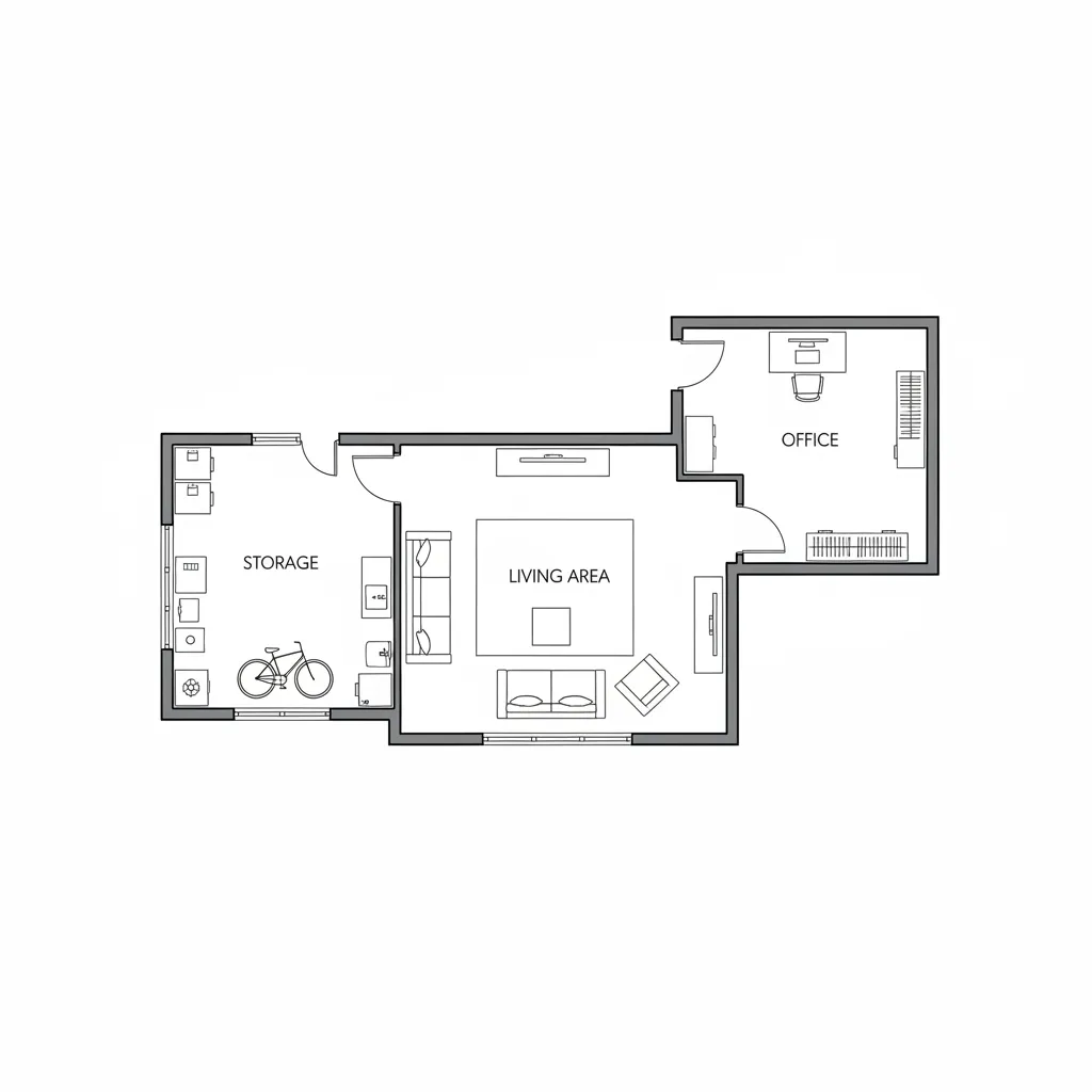 2D basement floor plan layout showing walls furniture and zoning