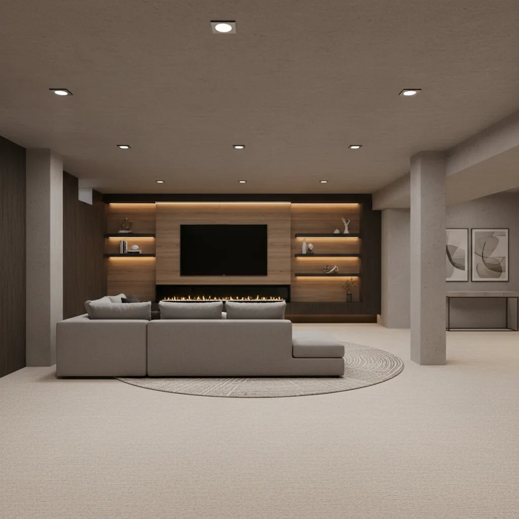 3D rendered basement design with seating entertainment area and lighting