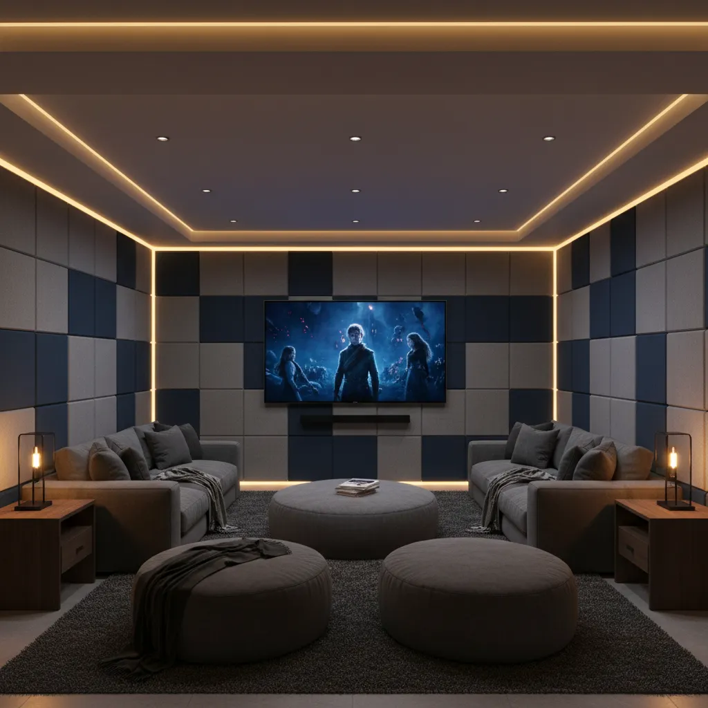 Basement home theater with blue wall panels warm strip lighting grey sofas and round footrests