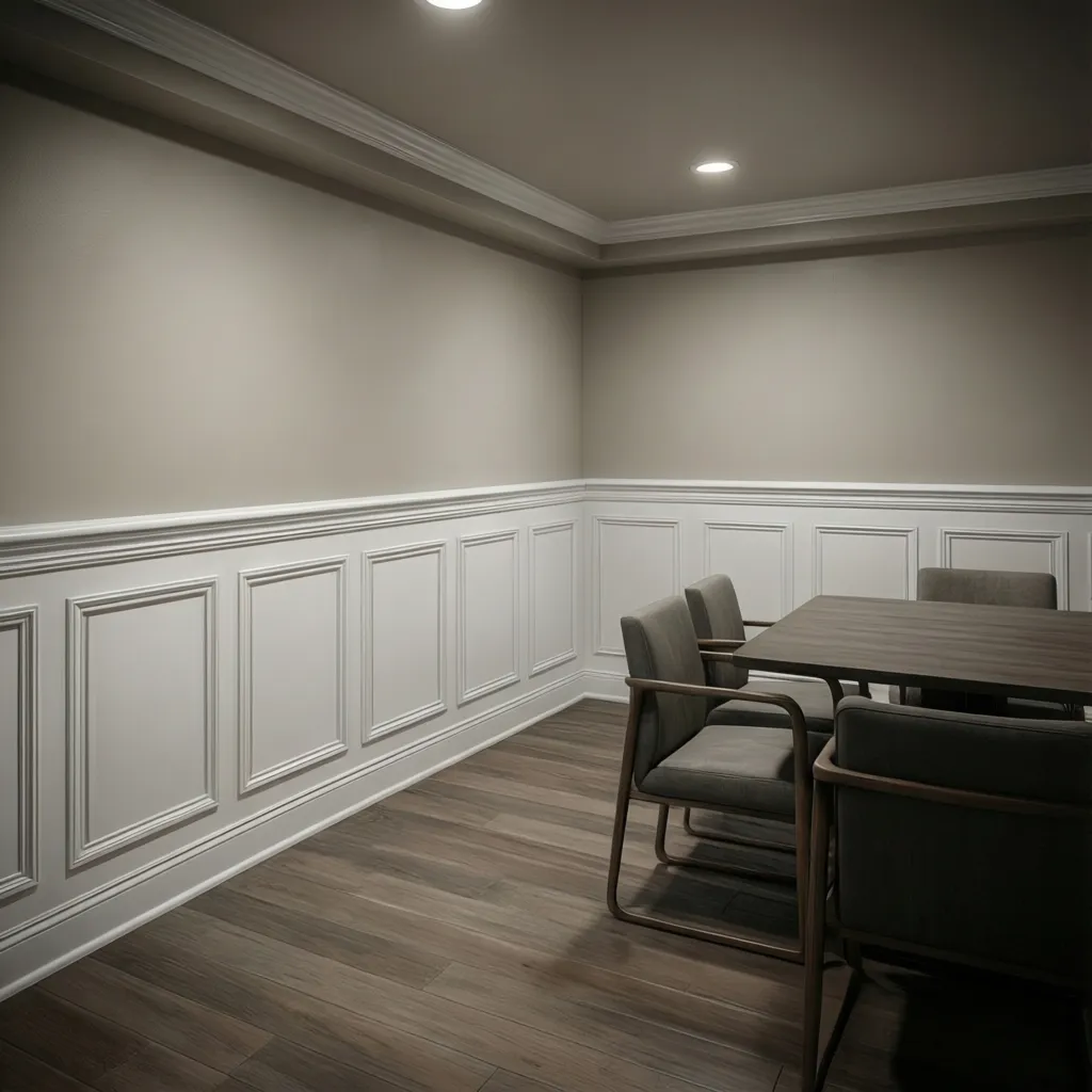 finished basement with beadboard wainscoting and drywall upper wall