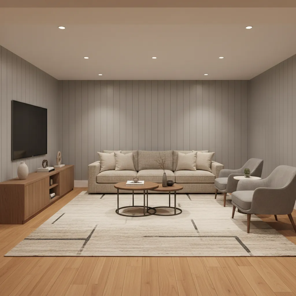 finished basement room with beadboard wall panels and seating area