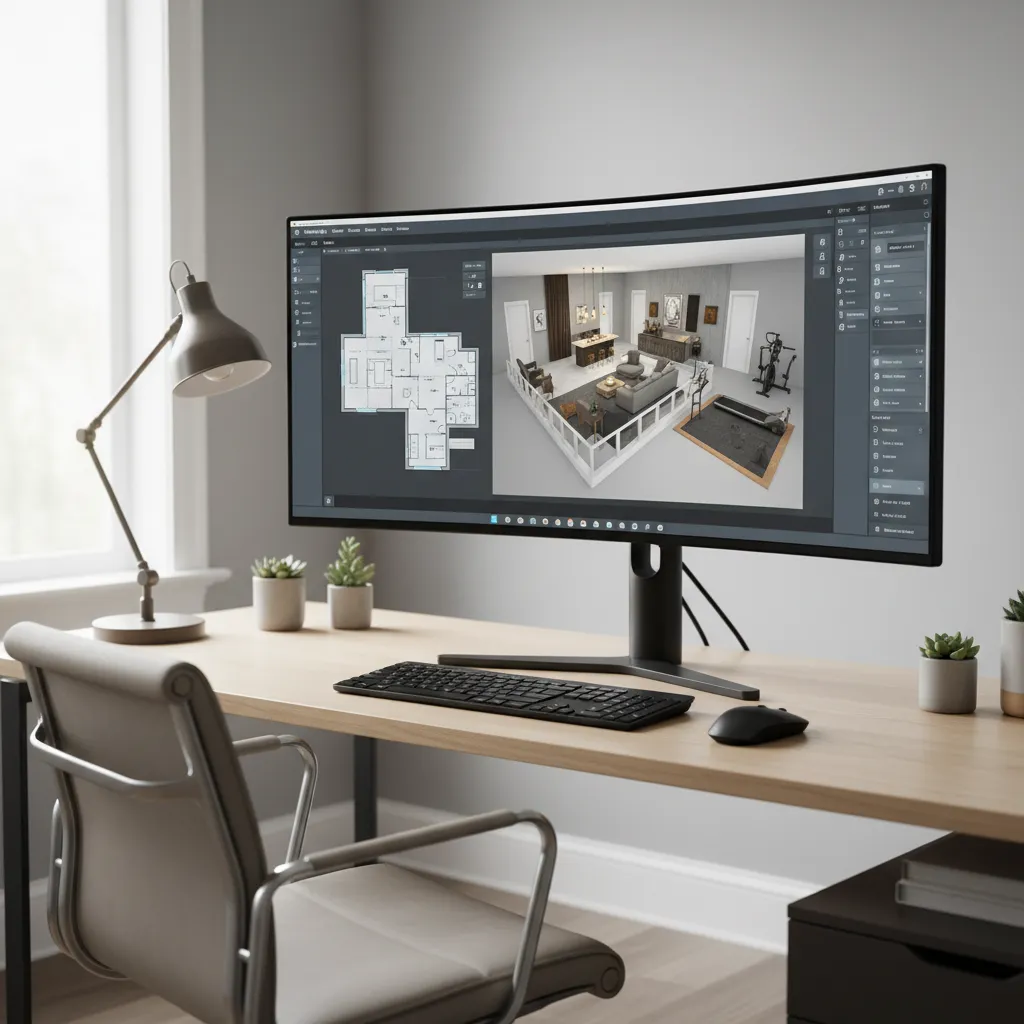 Example interface of a basement design app with 2D and 3D layout views