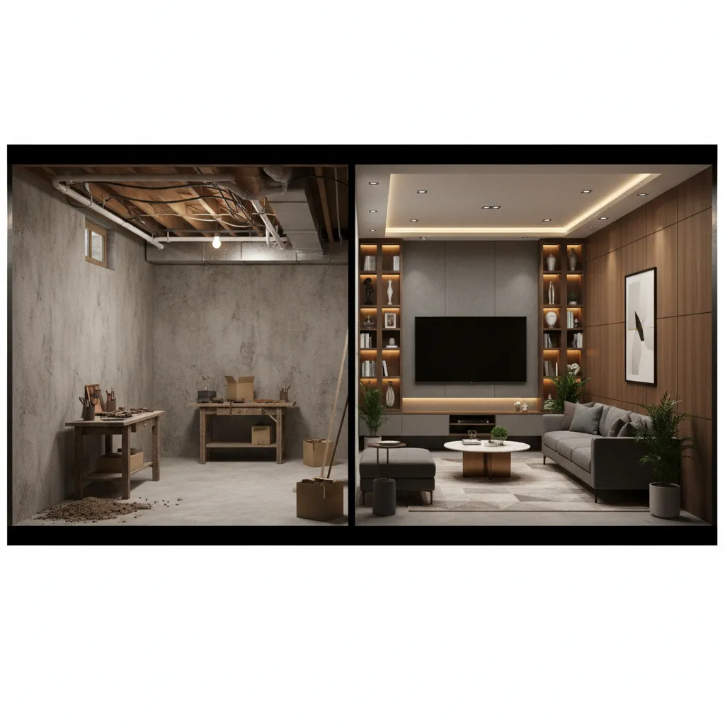 Side by side comparison of unfinished basement and designed living space