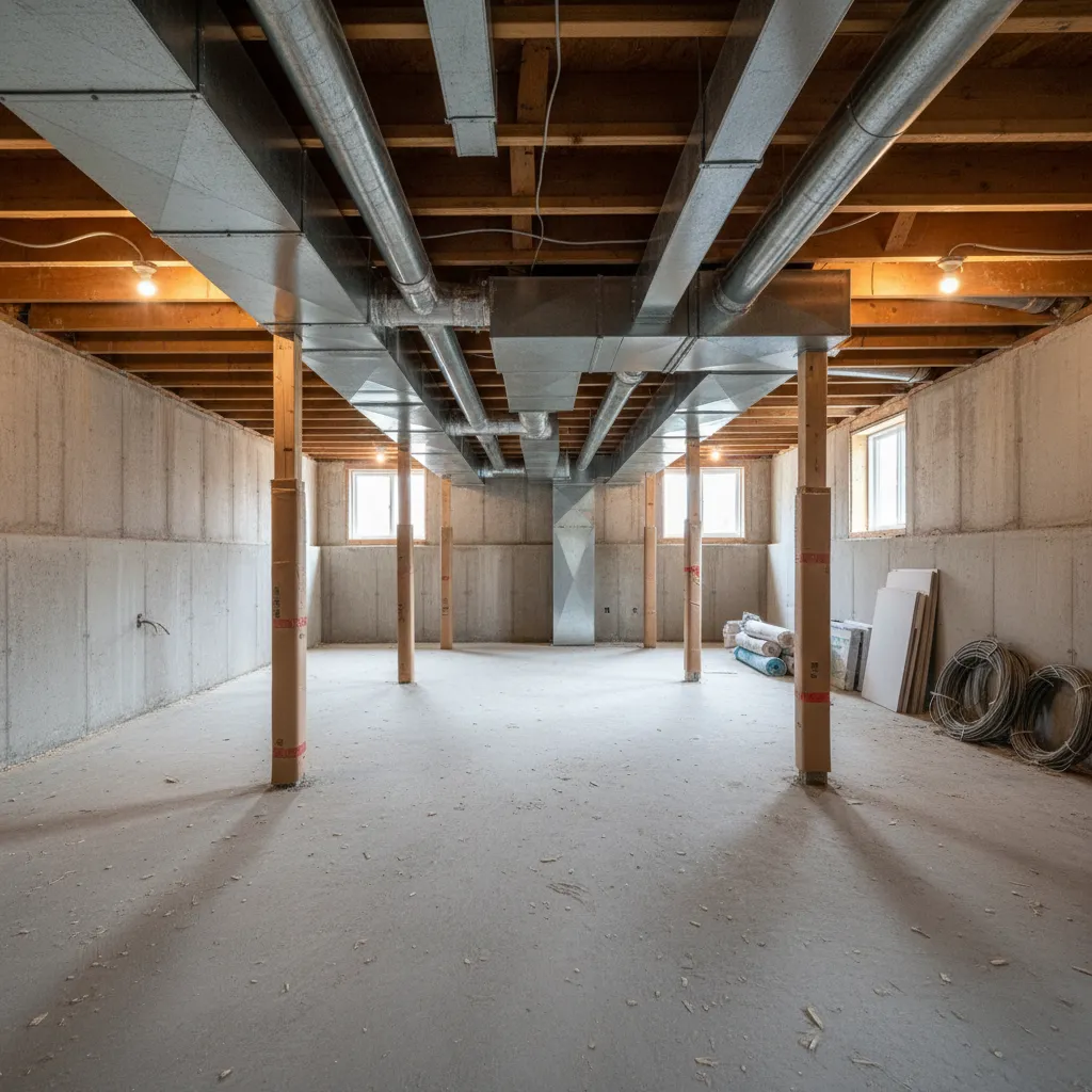 unfinished basement with visible hvac ducts and support columns affecting layout planning