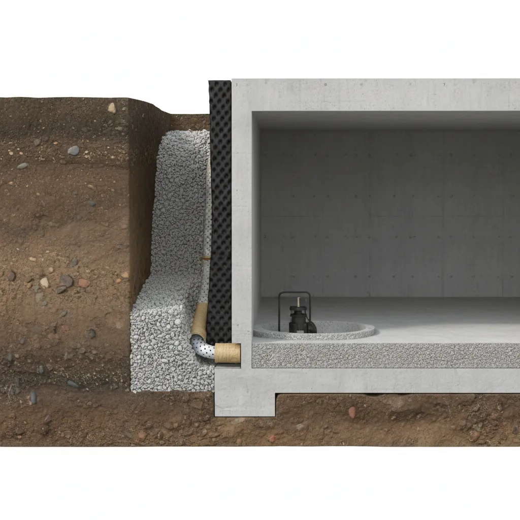 Exterior basement drainage system with gravel and perforated drain pipe