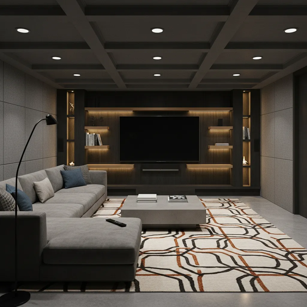 Dark modern basement entertainment room with grey sofa large TV patterned rug and warm lighting
