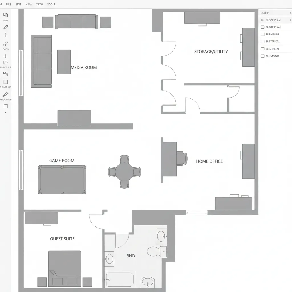 Digital basement floor plan being arranged in a home design app