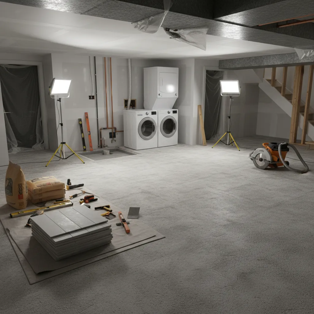 Basement floor repair showing exposed concrete slab and removed flooring