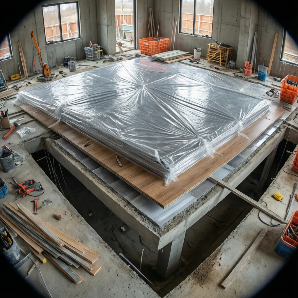 Installation of plastic vapor barrier sheet over concrete basement slab
