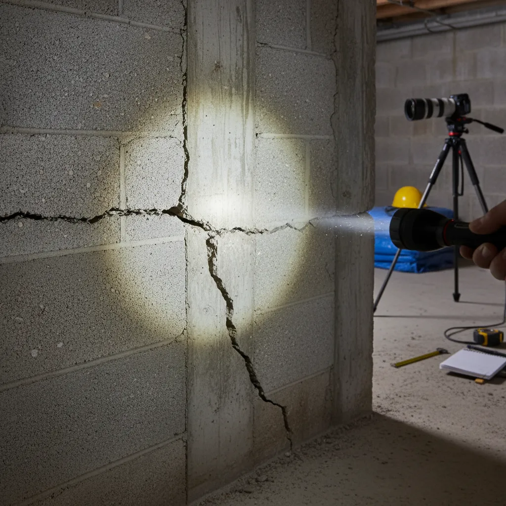 Concrete basement foundation crack being inspected