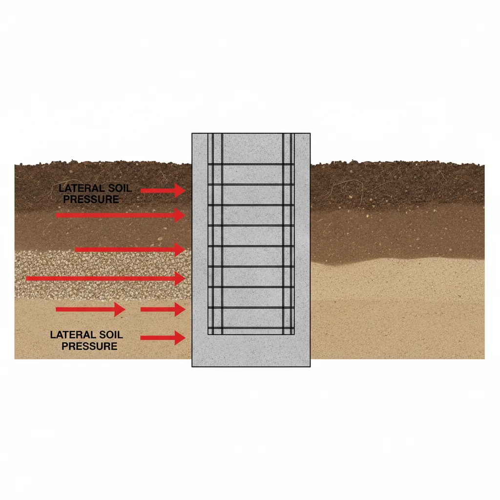 Diagram showing soil pressure pushing against reinforced basement walls
