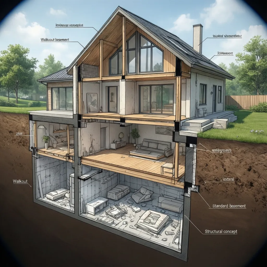 Architectural diagram comparing walkout basement foundation with standard basement