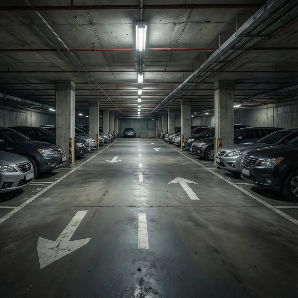 underground parking garage showing driving aisles and parking rows