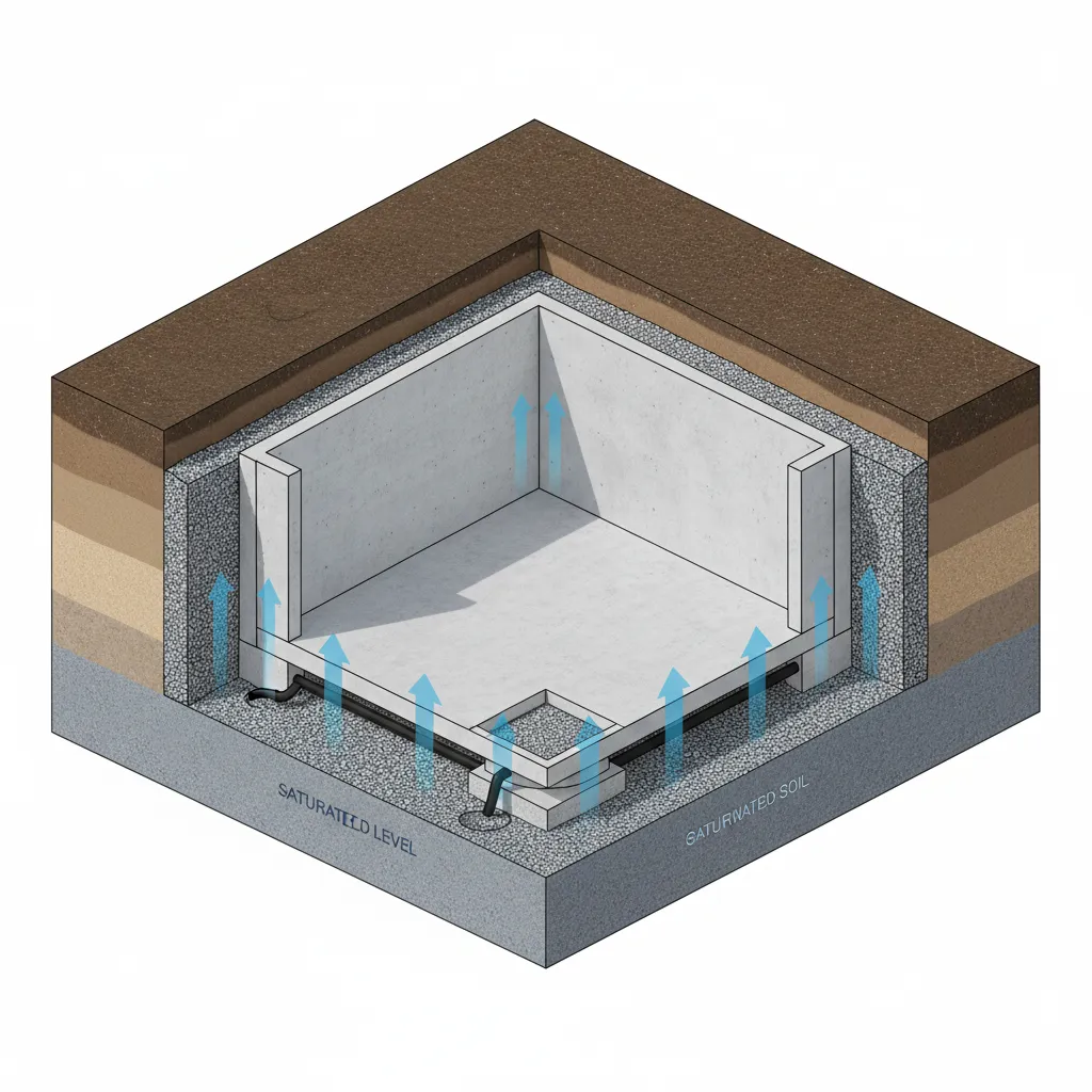Interior design drawing showing water pressure pushing up against a concrete basement floor and walls