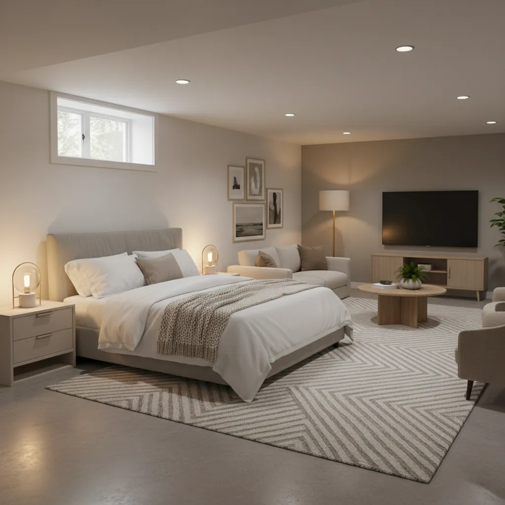 Comfortable basement guest suite with bedroom and sitting area