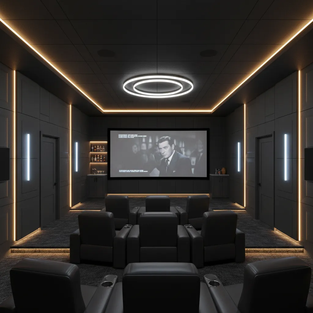 Modern basement home theater with black leather chairs, large movie screen, and warm yellow lights