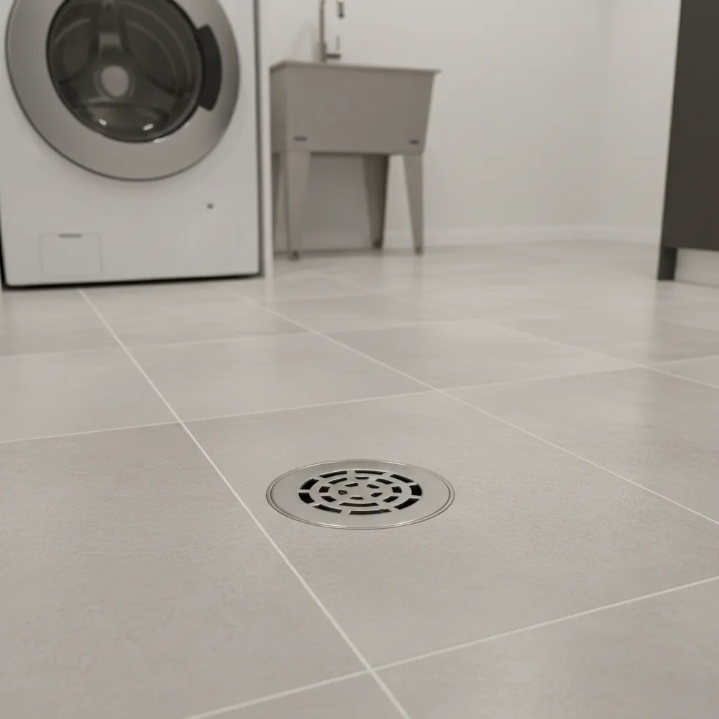 laundry room floor drain installed in waterproof tile floor