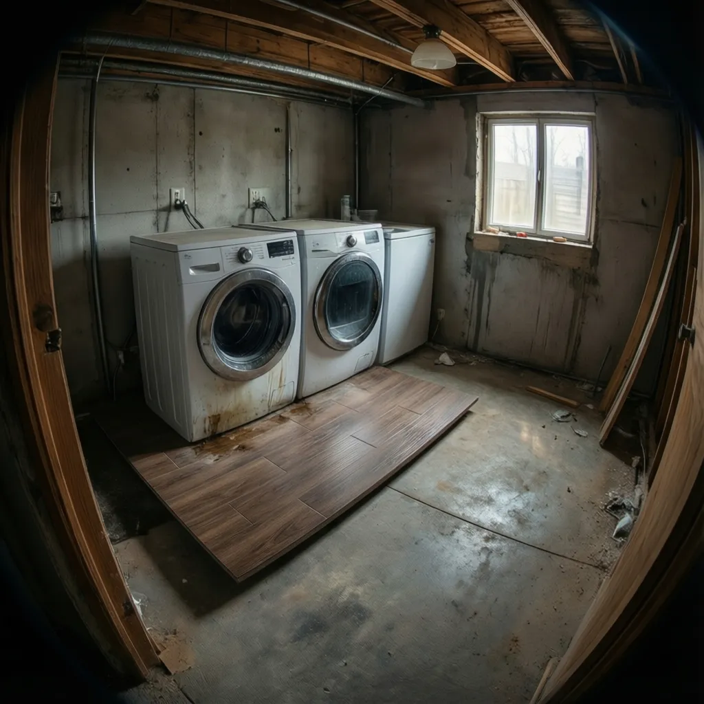 Basement laundry room showing water damaged vinyl flooring near washing machine
